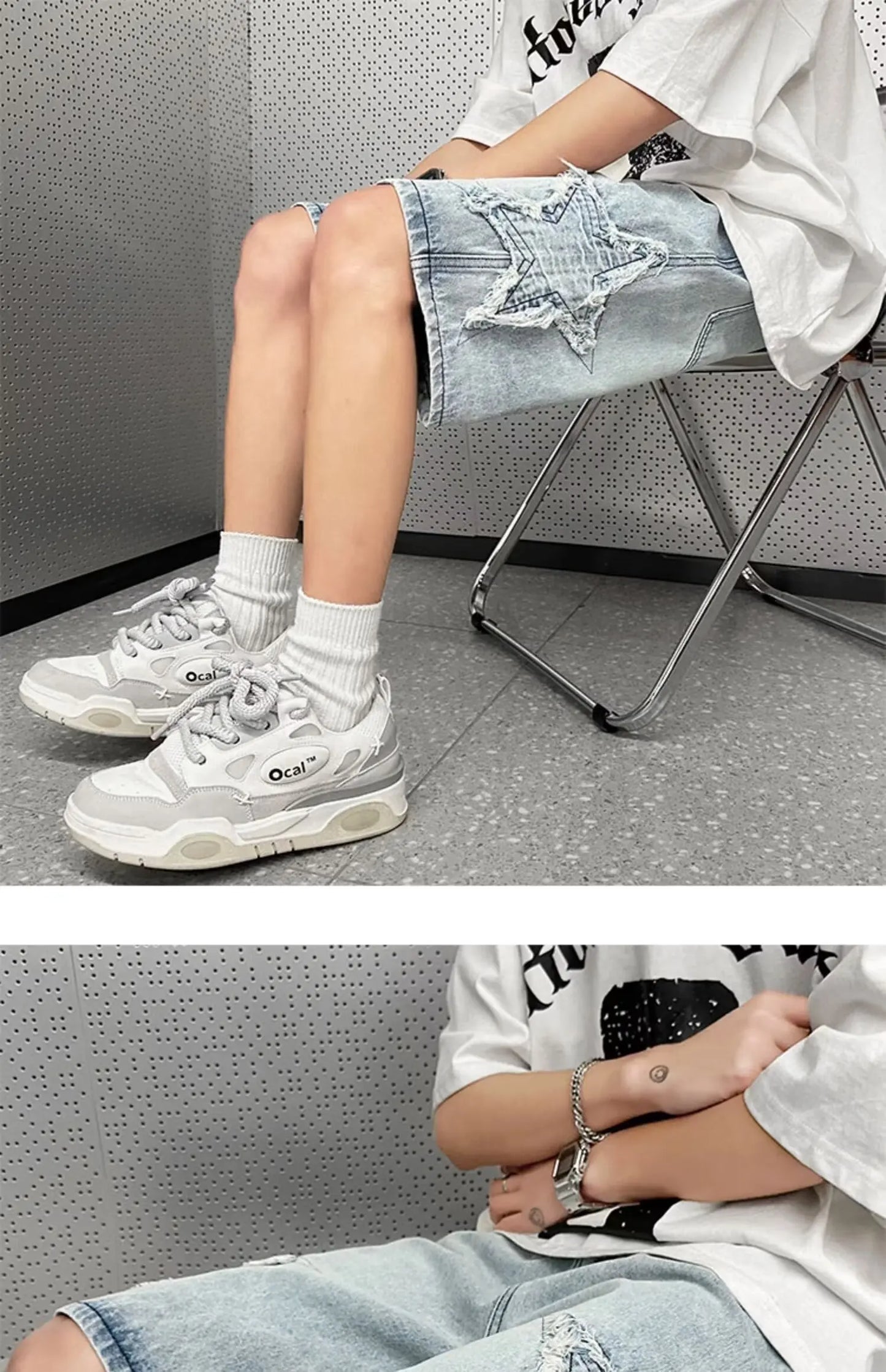 Star Patchwork Yellow Clay Color Jeans Summer Men Denim Shorts Trendy Streetwear Five-point Pants Straight Jeans Shorts