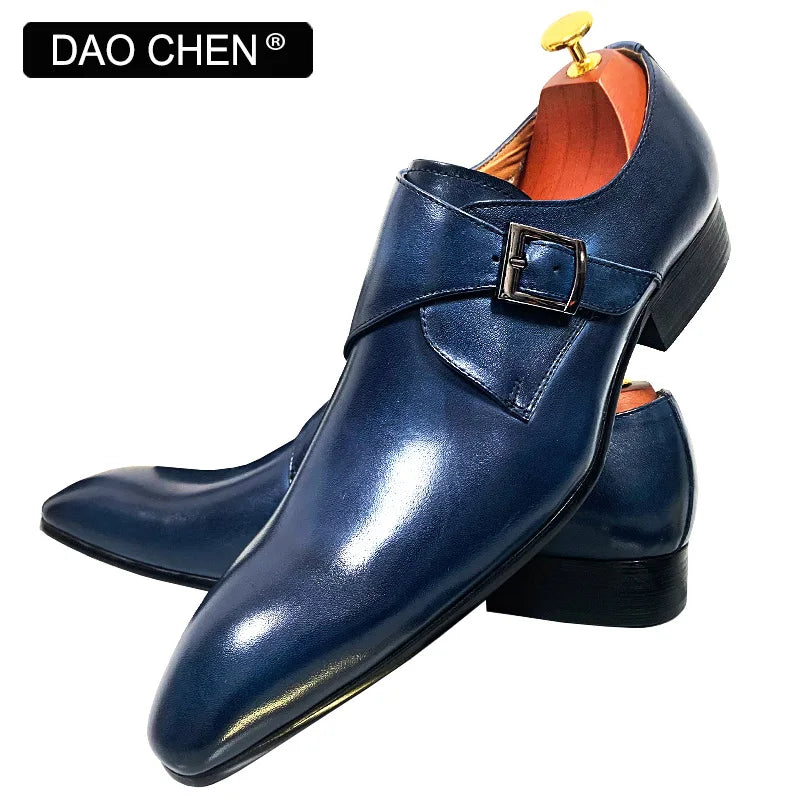DAOCHEN MEN'S GENUINE LEATHER SHOES BLUE BLACK BUCKLE STRAP LOAFERS SLIP ON FORMAL WEDDING OFFICE casual dress shoes man
