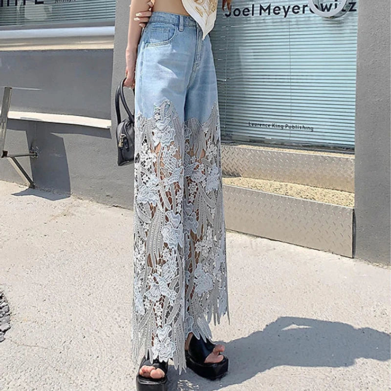 Fashion Elegant Jeans for Women High Waist Lace Patchworl Hollow Out Irregular