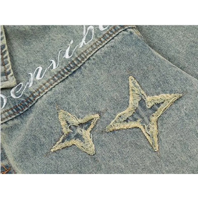 American High Street Letter XINGX Paste Cloth Embroidery Denim Coat Male  Jacket