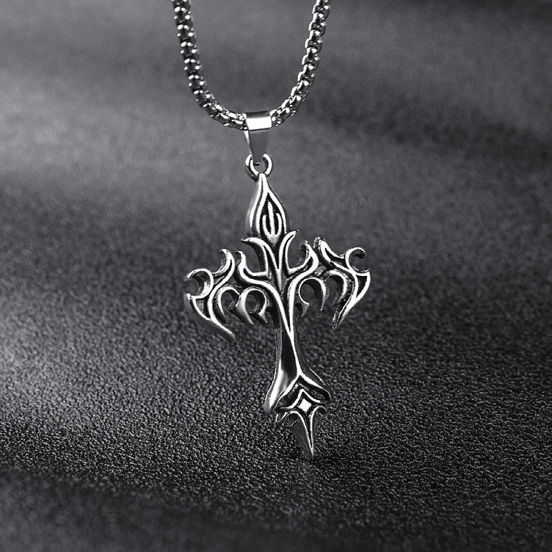 Classic Steel Warrior Men's Cross Amulet Necklace Fashion Flame Christian Simple