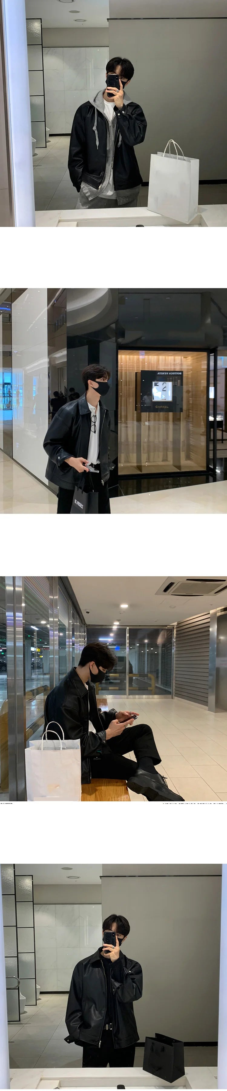 Korean Chic Double Zipper Men's PU Leather Jacket Black Simple