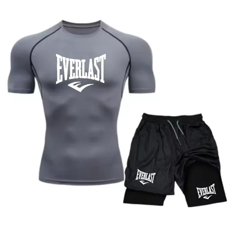 EVERLAST Men's Compress Shirt + 2-in-1 sports shorts 2pcs Set Leisure Breath Short Sleeve Sport Jogging Gym Brand Print Clothing