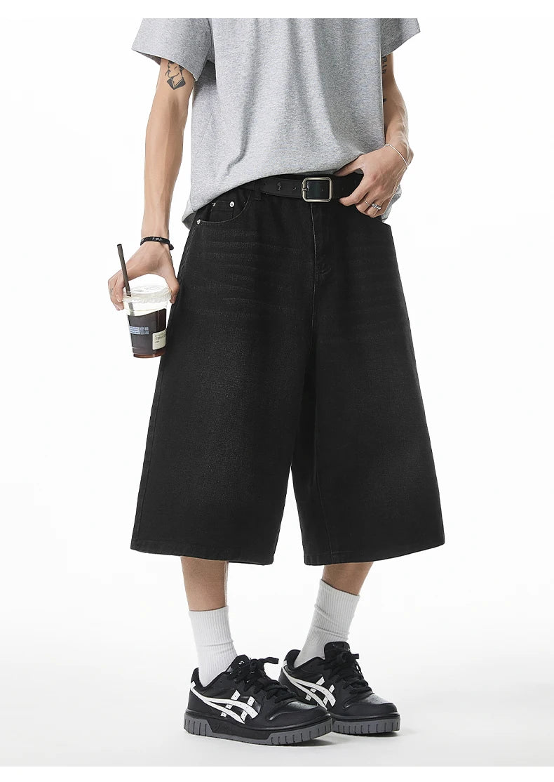 2025 Summer Men's Wide Leg Jeans Shorts Vintage Distressed Wash Y2K Straight Elastic Waist Loose Casual Relaxed Fit