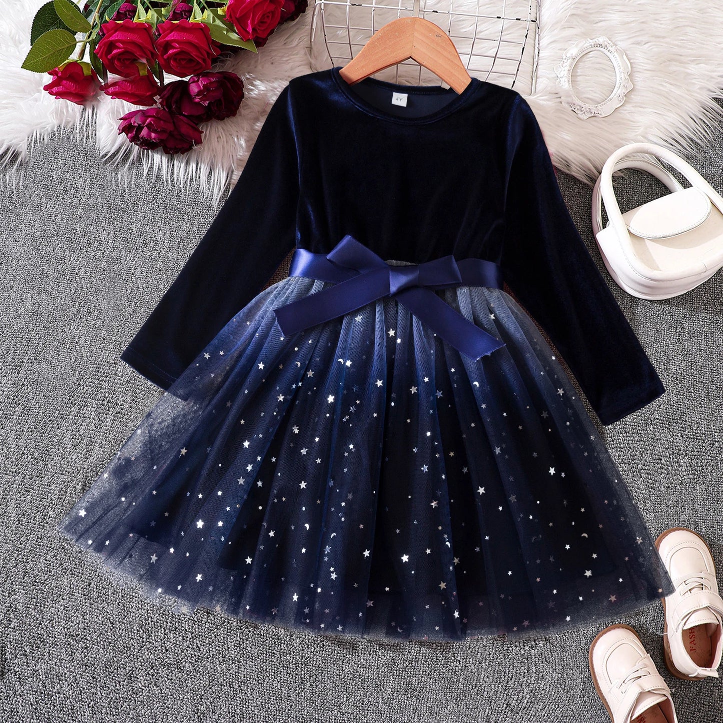Red Christmas Dress for Baby Girls Winter Long Sleeve Mesh Dresses