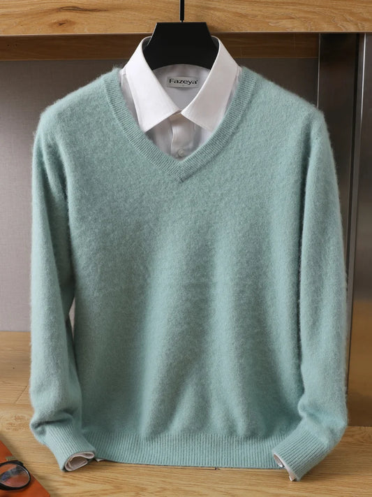 Men's 100% Mink Cashmere Sweater V-Neck Pullovers Knit Large Size Winter