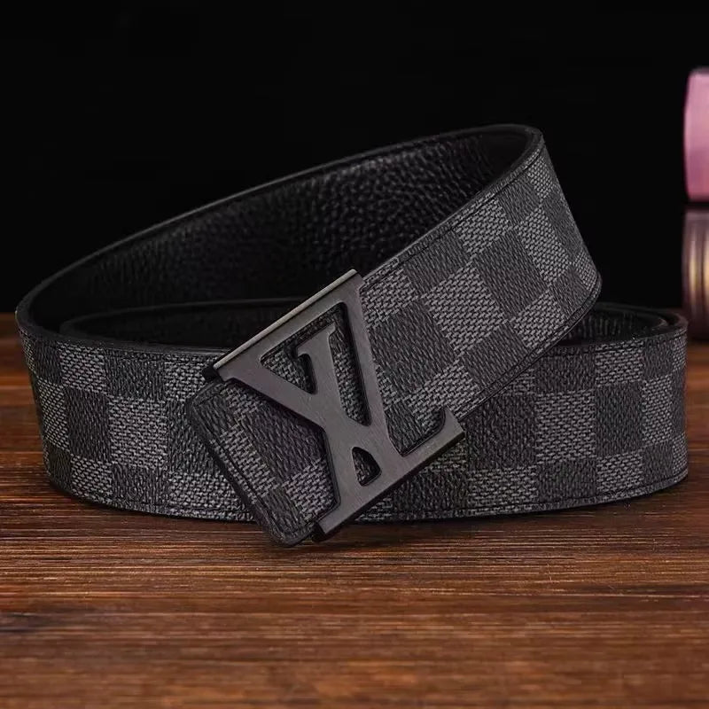 Men's Genuine Leather Belt Business Casual Automatic Buckle Checker Pattern Cowhide Trousers Belt