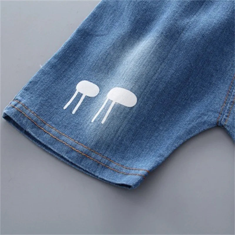 New Summer Hot Sale Toddler Kids Baby Boys Shirt Cartoon Tops Denim Shorts Pants Outfits Set Baby Clothes