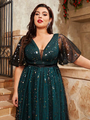 Mgiacy plus size V-neck sequin embroidered contrasting double mesh full skirt Evening