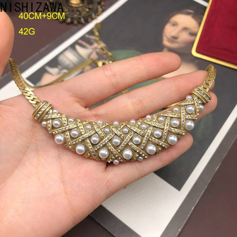 NISHIZAWA Pearls Stud Earrings for Women Inlaid Rhinestones Palace Style Elegant Jewelry Geometric Hyperbole Aretes De Mujer