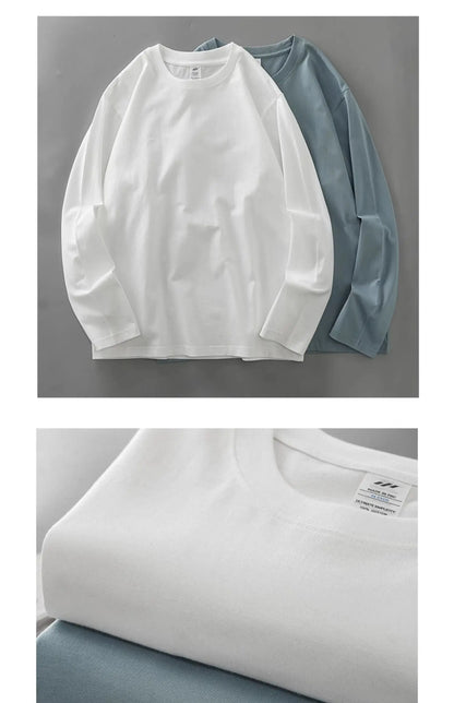 DUKEEN Men's 260G Long Sleeve T Shirts 2025 Spring Pure Cotton Solid Color Basic Crew-Neck Undershirt Men's Loose Tops 11 Color
