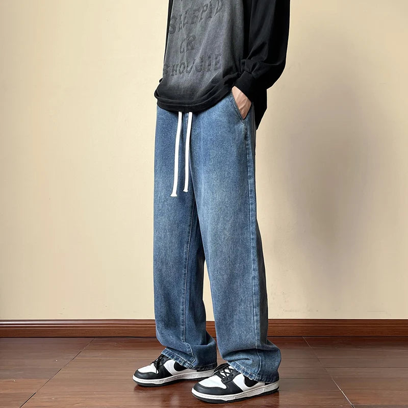 Streetwear Men's Elastic Waist Wide Leg Baggy Jeans Korean Fashion
