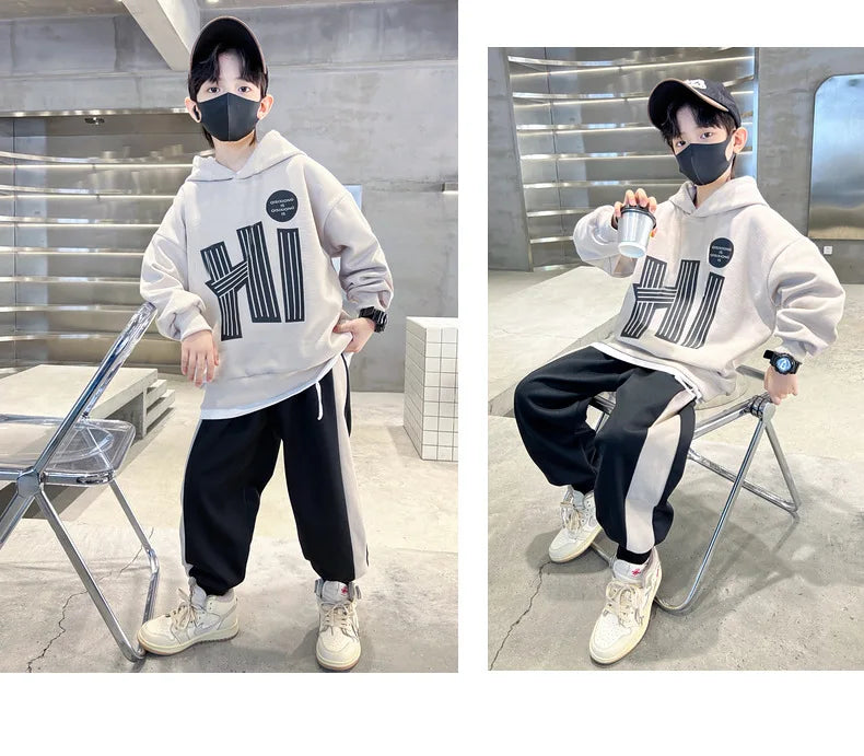 Children Boy Hooded Clothes Set Letter Printed Hoodies Sweatshirts Top and Pants 2 Pieces Suit Teenage Girls Tracksuits