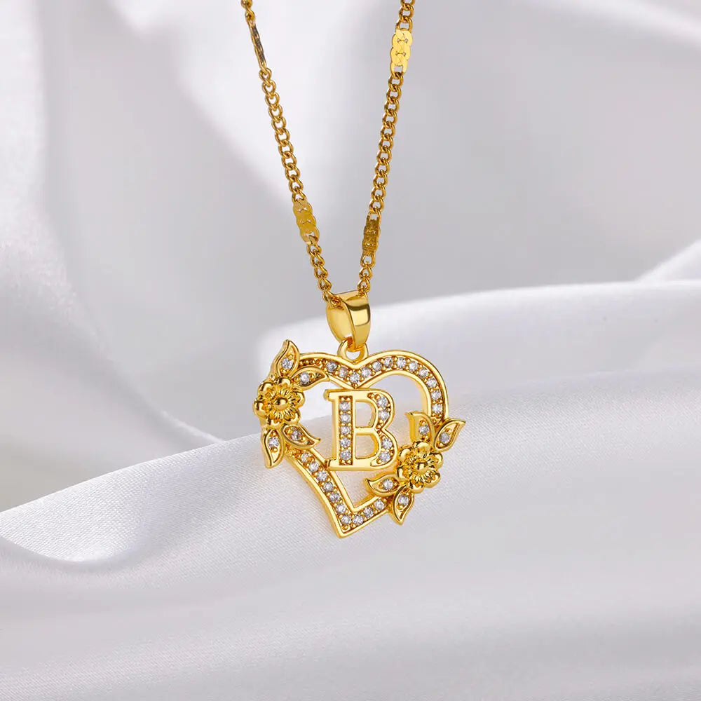 Flower Zircon Initial Heart Pendant Necklaces For Women 2024 Trend Stainless Steel Letter Necklaces Jewelry Best Friend Gifts