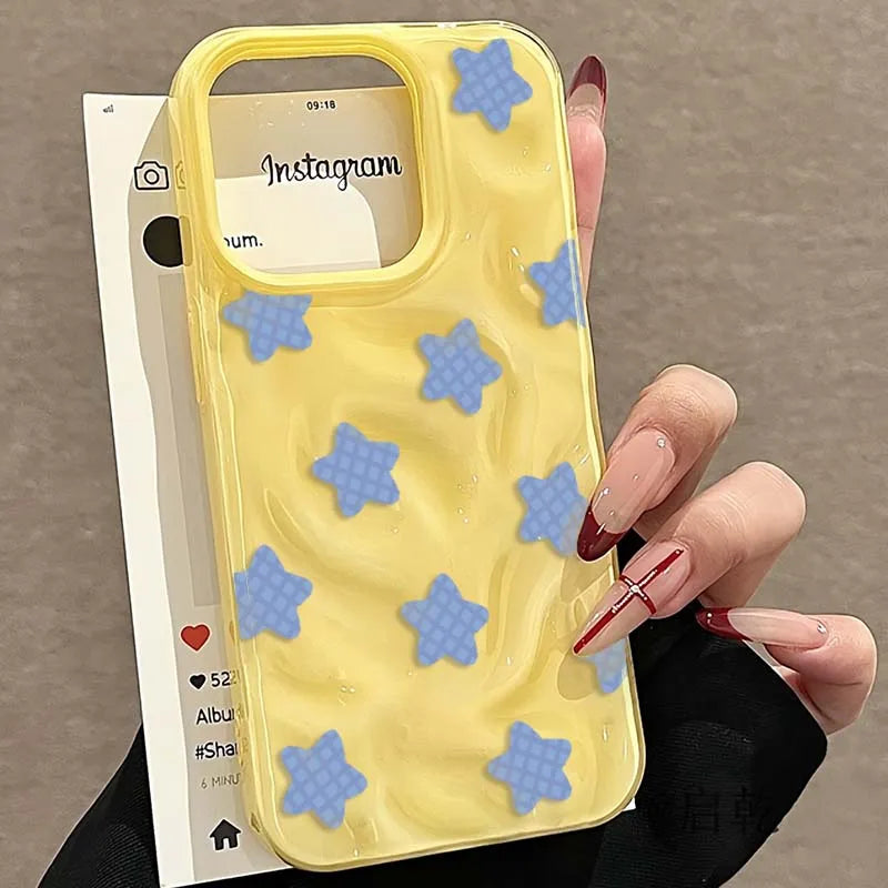 Cartoon Black Checkered Star Pattern Korean Phone Case for IPhone 16 17 Air 15 14 13 12 11 Pro Max Plus Shockproof Soft Cover