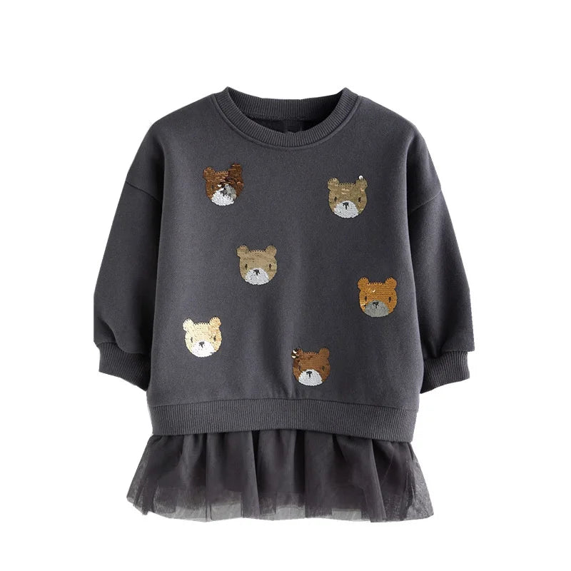 Bear Beading  Princess Girls Dresses For Autumn Spring Long Sleeve Party Girls