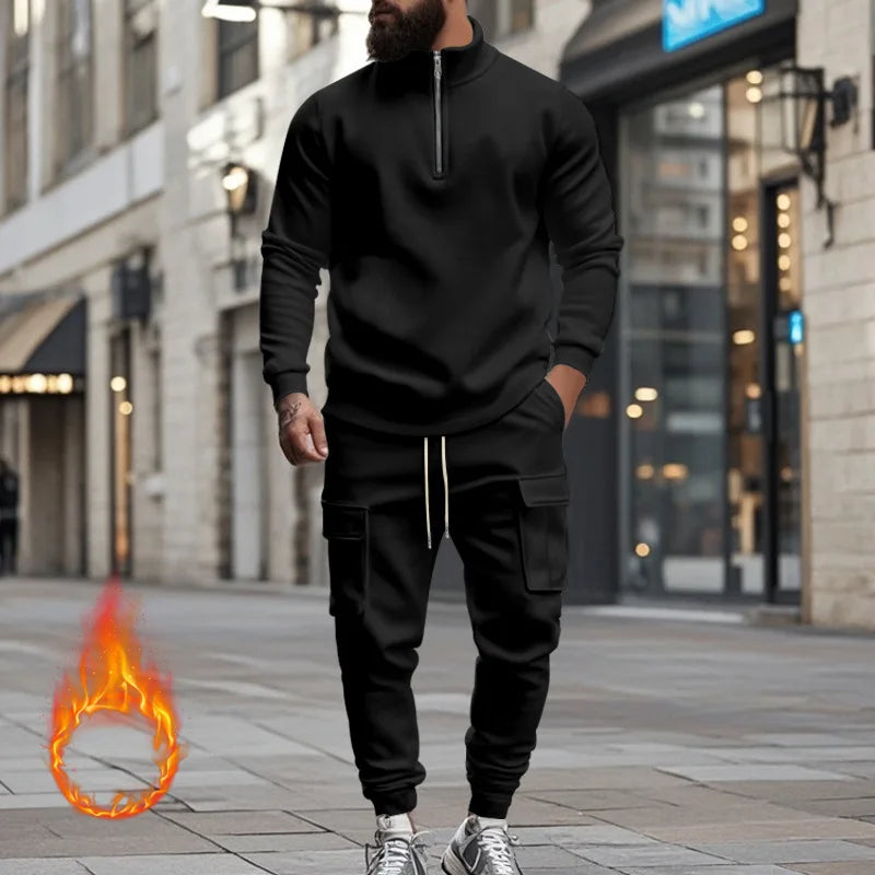 2024 autumn and winter men's casual velvet warm zipper sports trousers set