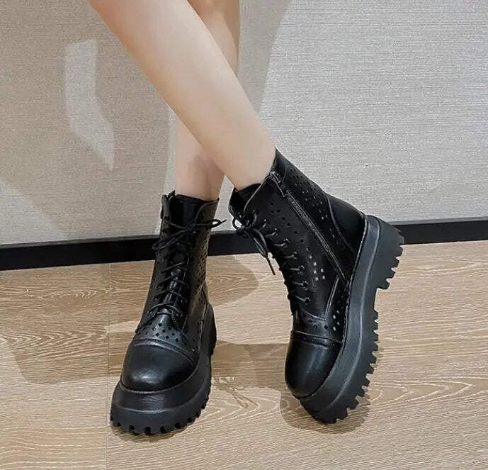 2022 Women Boots black Low Heels Lace Up Riding Knight Military Boots Shoes Plus Size 36-41