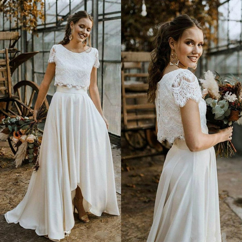 White Bridesmaid Dresses: Wedding Dresses Two Pieces Lace Top with Short Sleeve