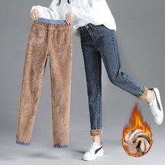 Winter Warm Fleece Jeans Women's High Waist Thick Harlan Straight Denim Pants