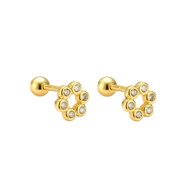 WANTME 925 Sterling Silver Fashion Simple Golden Flower Beads Small Stud Earrings for Women Teen Piercing Jewelry Accessories