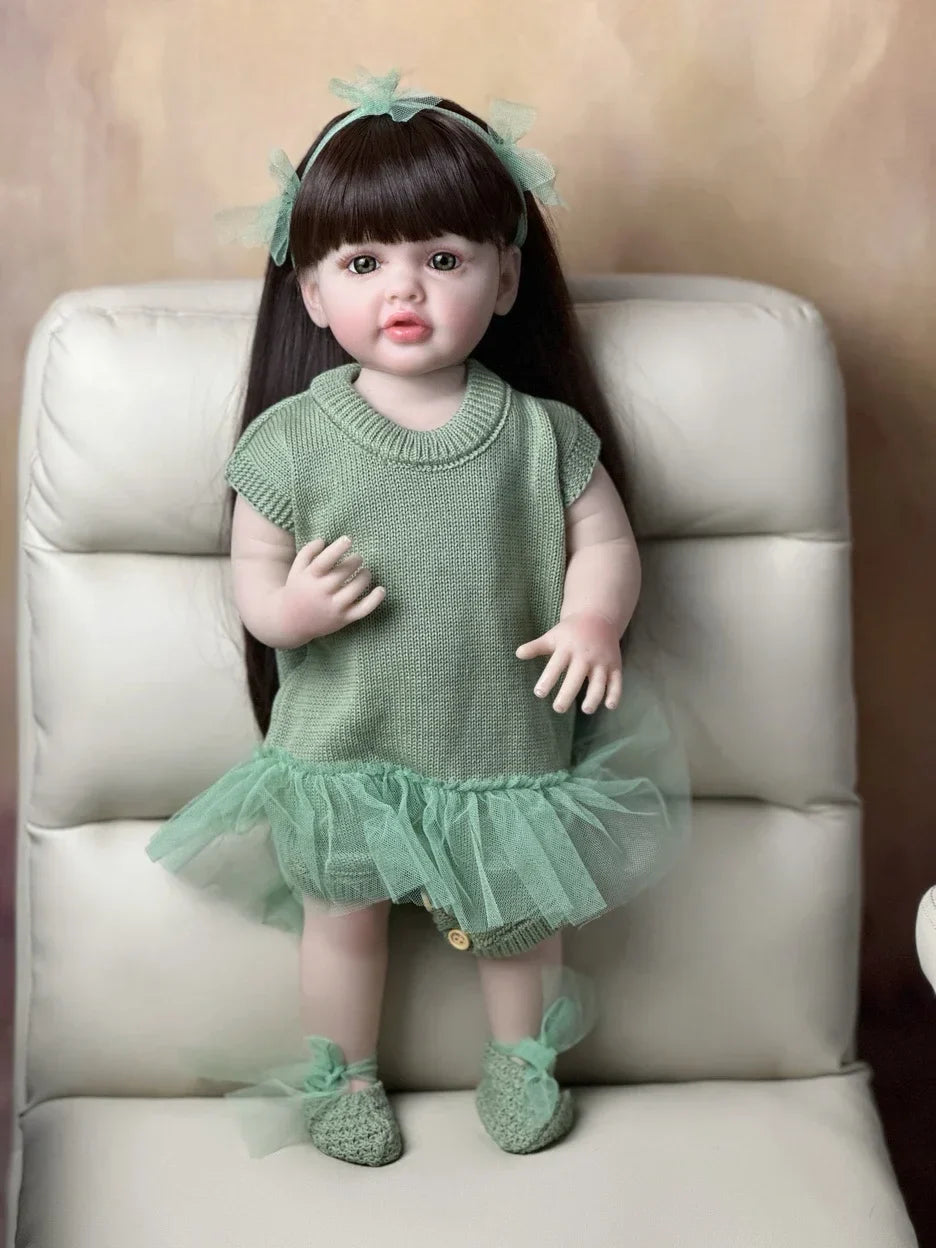 BZDOLL 55cm 22inch Lifelike Reborn Baby Girl Doll Soft Silicone Long Brown Hair Realistic Princess Toddler Bebe Birthday Gift