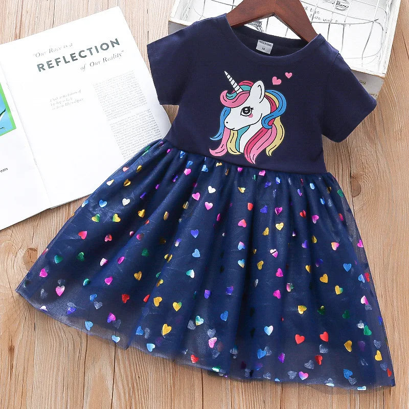 Girls Dress Cotton Cartoon Unicorn Splicing Mesh Party Princess Dresses