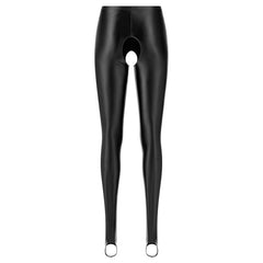 Satin Yoga Leggings Female Mid Waist Open Crotch Glossy Stockings Pantyhose