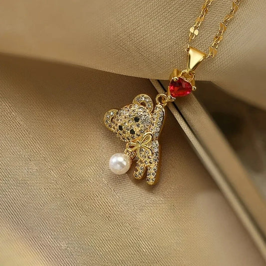 1 Piece Stainless Titanium Steel Chain Cute Bow Red Love Heart Balloon Bear Pendant Necklace Women's Romantic Jewelry Girls Gift