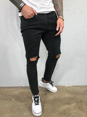 Distressed Knee Holes Elastic Skinny Jeans Men Ripped Biker Denim Pants