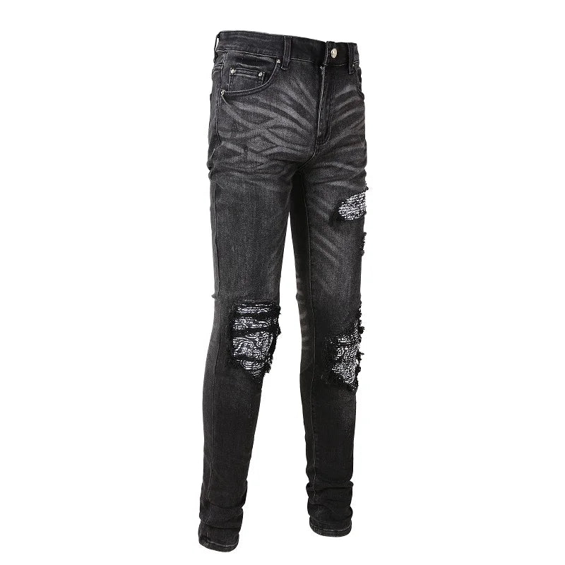 Men Bandanna Paisley Print Patch Jeans Streetwear Patchwork Holes Ripped Biker Pants