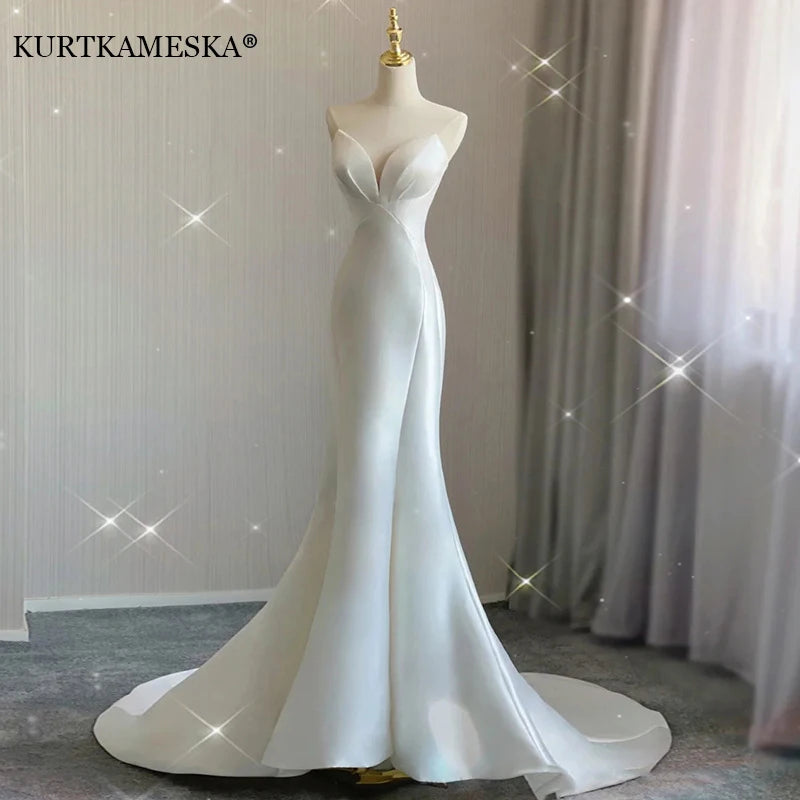 Homecoming Dresses: White Satin Wedding Trailing Mermaid Maxi Dresses