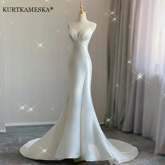 Homecoming Dresses: White Satin Wedding Trailing Mermaid Maxi Dresses