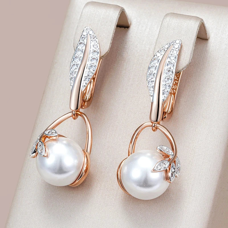 Wbmqda Luxury Pearl Women's Long Drop Earrings 585 Rose Gold Silver Color Ethnic Wedding Party Fine Zircon Jewelry Accessories