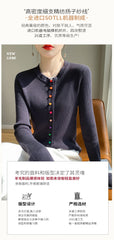 Women's 100% Merino Wool Sweater Round Collar Colorful Buckles Slim Fit Cardigan