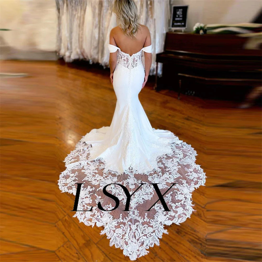 White Bridesmaid Dresses: Off-Shoulder Sweetheart Crepe Mermaid Wedding Dress