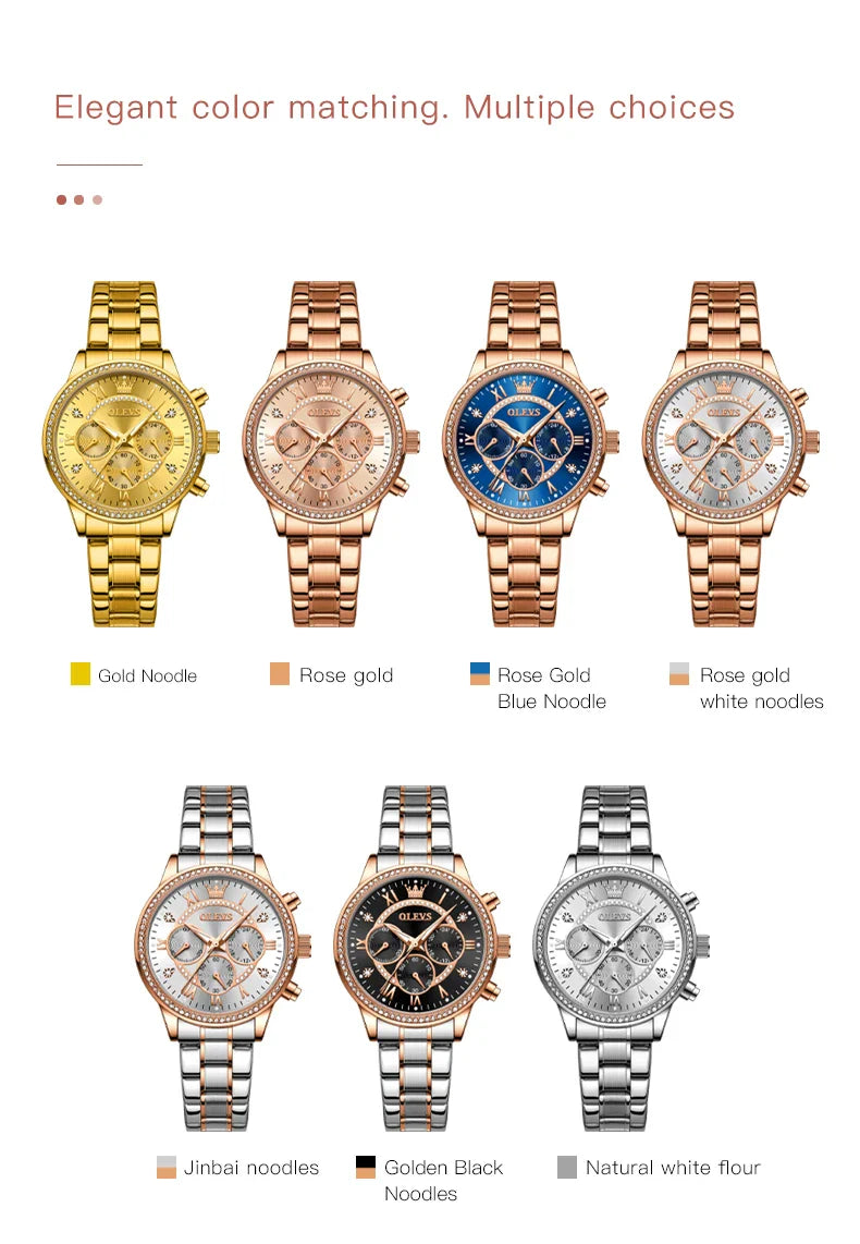 OLEVS Women's Watches Top Brand Luxury Original Quartz Watch for Ladies Chronograph Waterproof Luminous Rhinestone Dial 24 Hour