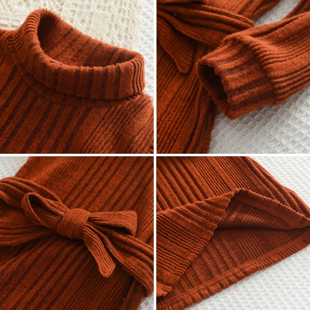 Girls' Woolen Dress Children's Autumn Winter High Neck Flying Sleeve