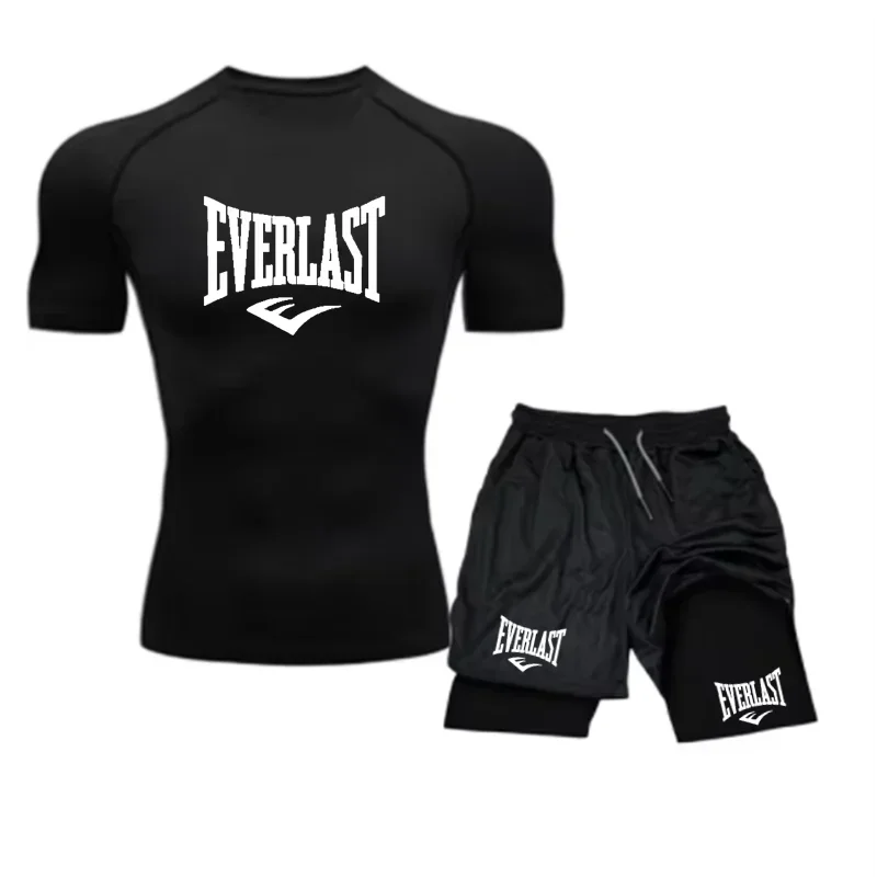 EVERLAST Men's Compress Shirt + 2-in-1 sports shorts 2pcs Set Leisure Breath Short Sleeve Sport Jogging Gym Brand Print Clothing