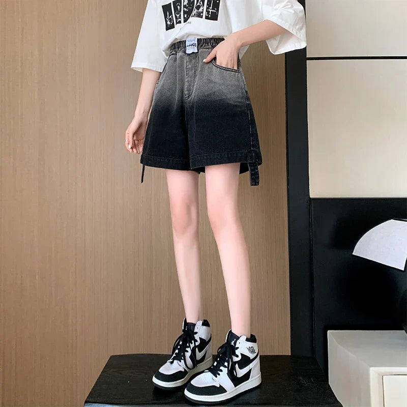 Gradient Plus Size Denim Shorts For Women Summer 2024 New High Elastic Waist Pockets Wide Leg Loose Jean Short Femme Hot Sale