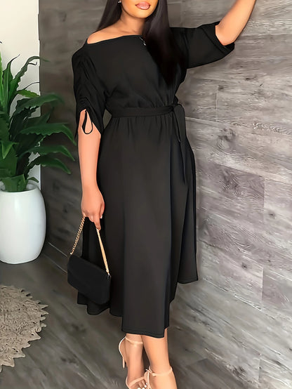 One-piece slim fit and calf drawstring trim dress with off-the-shoulder slightly long sleeves in solid color plus size