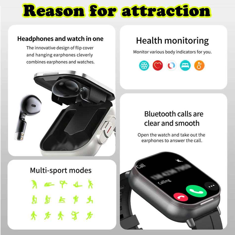NFC Smart Watch TWS 2-in-1 Headset Bluetooth Call Heart Rate Blood Pressure Health Monitoring Headphones Play Music Smartwatch