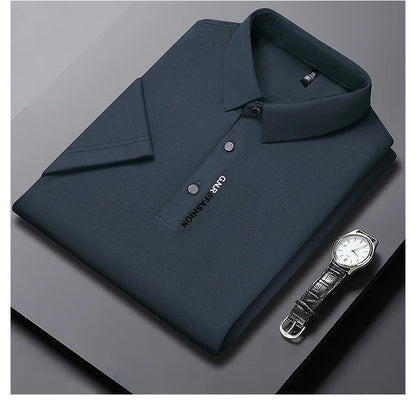 2025 Men's Short Sleeve Solid Color Polo Shirt Breathable Comfortable Elastic Top New Arrivals Casual Business Style