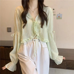 Sweet Ruffle Lace Up Cardigan Women Summer Long Sleeve Sunscreen Jacket