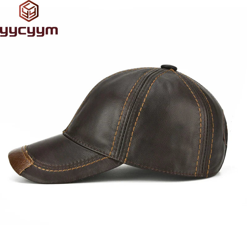 Men Real Cowhide Leather Earlap Caps Male Fall Winter 100% Real Cow Leather Hats New Casual Real Leather Outdoor Baseball Cap