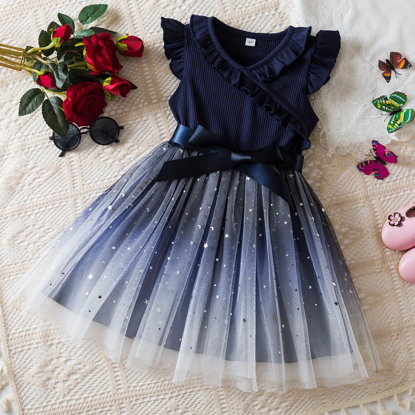 Dress for Kids Girls 3-8 Years Ruffles Sleeves Elegant Princess Dresses