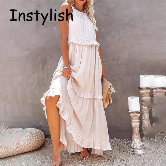 Women Casual Solid Ruffles Long Dress Summer Elegant Sleeveless Sundress Elegant Harajuku Maxi Dress Beach Party Evening Vestido