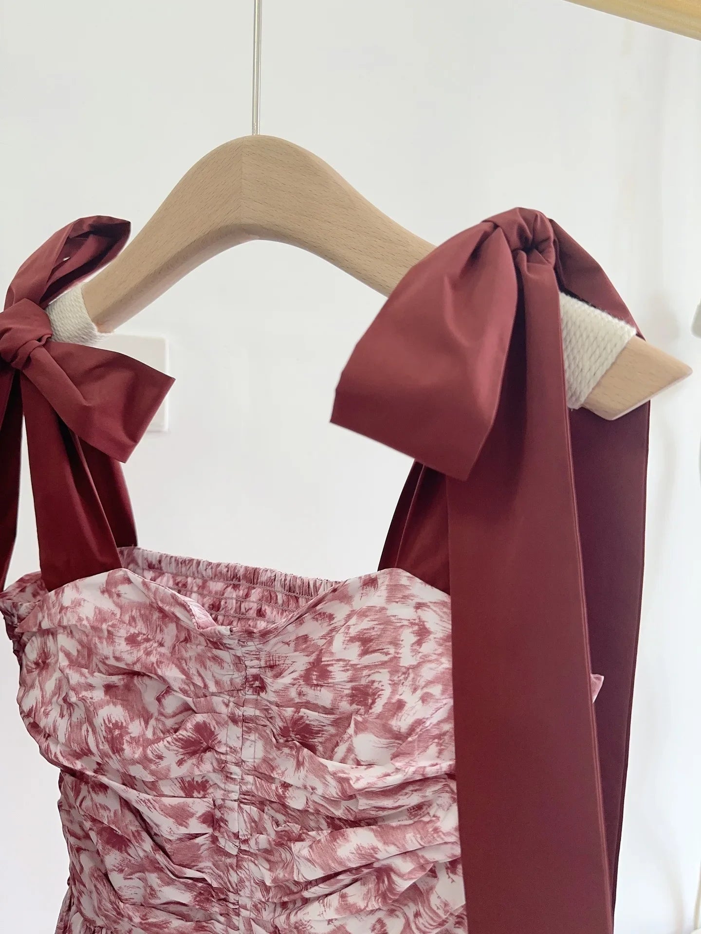 Elegant Slash Neck Off Shoulder Print Dress Lace Up Sweet Bow Sling Tube Robe Japan Drawstring Ruched New Moda Vestidos