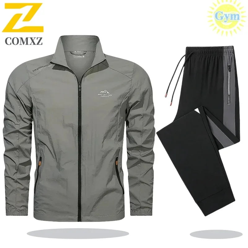 Mens Tracksuit Spring Summer Sportswear 2 Piece Sets Sports Suit Sunscreen Jacket+Pant Running Set Men Fishing Jogger Sweats Set