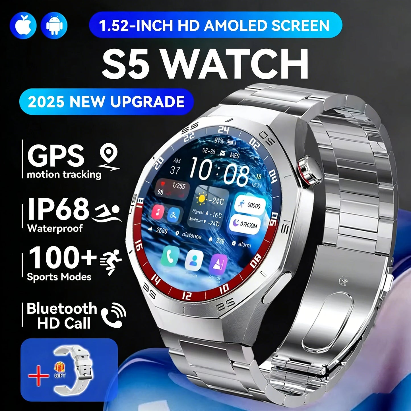 Round GPS Smart Watch Waterproof BT Call Men SmartWatch for Women Health Monitor 100+Sport Smart Band DIY Watch Faces Best Gifts